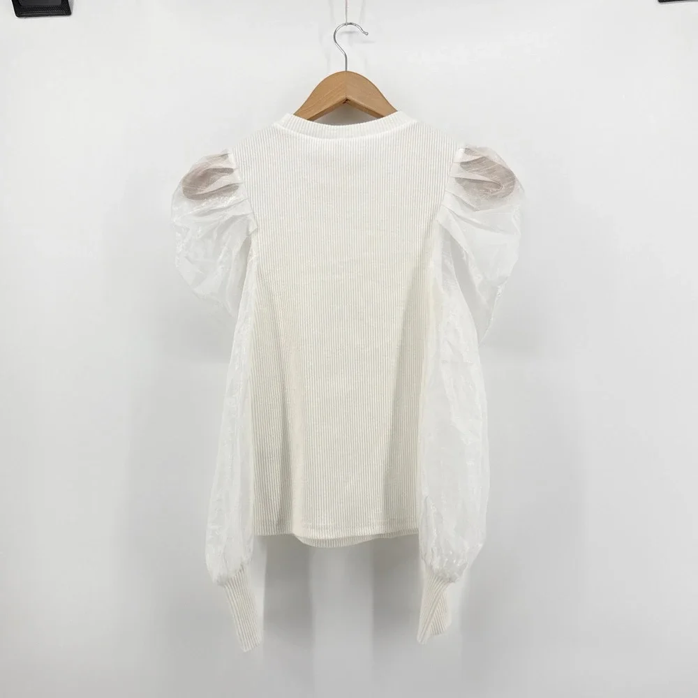 NWT Anthropologie Dolan Left Coast Ribbed Puff Sheer Sleeve Top White Blouse XS